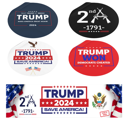 1x Bumper Sticker - 4x Round Vinyl Stickers - Trump Campaign PACK - MADE IN USA